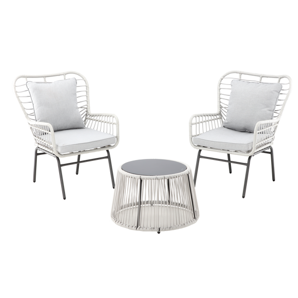 GARDEN FURNITURE SET - ( 2 ARMCHAIRS + TABLE ) - GREY CUSHIONS