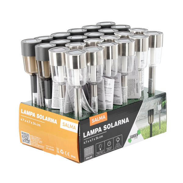 LAMPĂ SOLARĂ SALMA 4,7 x 4,7 x 34 CM ARGINTIE TRANSPARENTĂ / GRI PĂCLĂMĂTOARE ALB CĂLDUR disp=24buc *4306