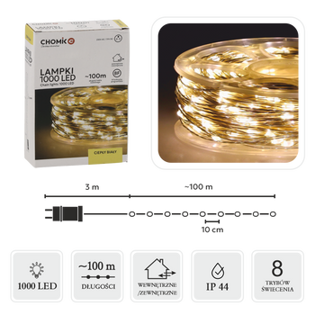 LAMPKI LED DRUCIKI NA SZPULI 1000L CIEPŁY BIAŁY, DŁ. 3 + 100 M *0085
