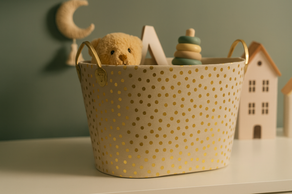 KOSZ NA PRANIE/ZABAWKI 38 x 48 x 34 CM W KROPKI ZŁOTY/SREBRNY *4885