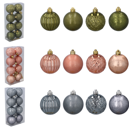 SET OF 8 BAUBLES 6 CM OLIVE/COPPER/GRAPHITE MIX DESIGNS
