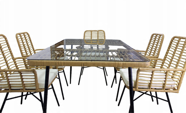 GARDEN FURNITURE SET (TABLE, 6 CHAIRS) - BROWN, CUSHIONS - GREY