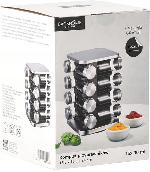 PRZYPRAWNIK KWADRATOWY 15,5 x 15,5 x 24 CM 16 SŁOICZKÓW CZARNO-SREBRNY *9134
