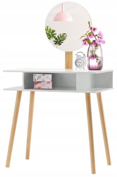 TOALETKA DO WIZAŻU BIAŁA RETRO Z OKRĄGŁYM LUSTREM + TABORET *5803