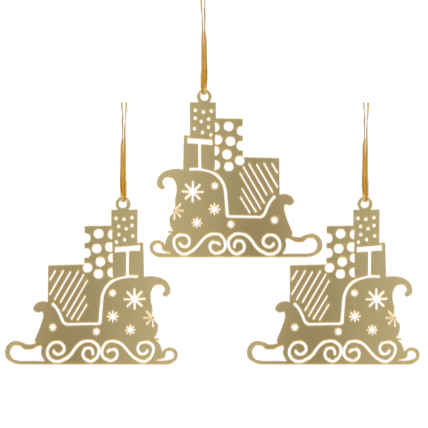Set de 3 ornamente de Crăciun - sania lui Moș Crăciun aurie 8 x 8 cm ambalaj=48buc *0771