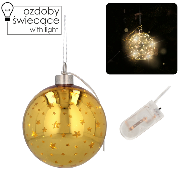 OZDOBA ŚWIĄTECZNA SZKLANA FI 10 CM LED BOMBKA ZŁOTA W GWIAZDKI opak=6szt *2768