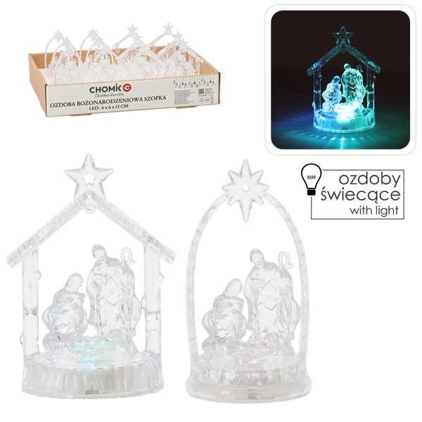 OZDOBA BOŻONAR. - SZOPKA LED PLASTIKOWA 6 x 6 x 12 CM MIX WZORÓW disp=12szt *0405