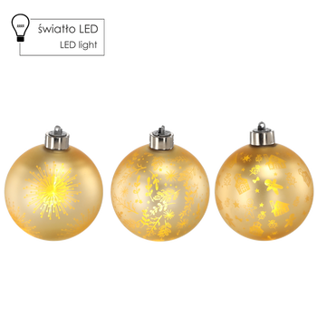 SKLENĚNÁ OZDOBY - ZLATÁ 10 CM LED MIX VZORŮ disp=12ks *4532