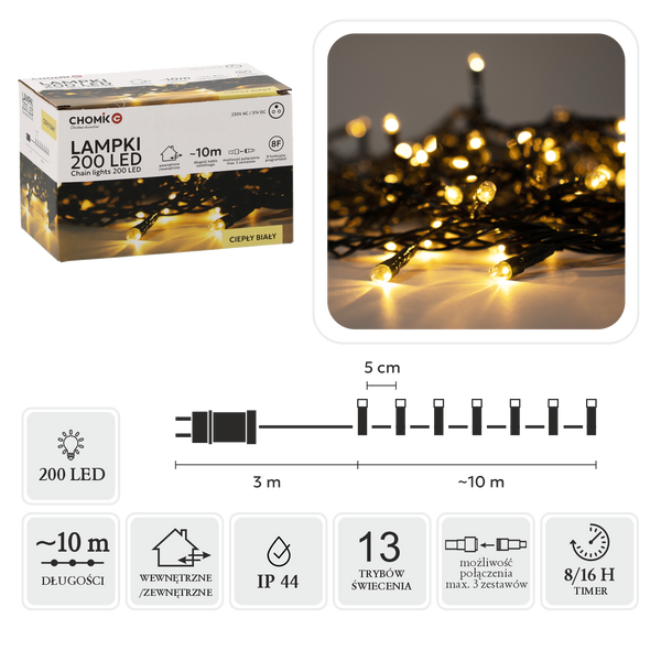 LED ŽIAROVKY 200L TEPLÁ BIELA, DĹŽKA 3 + 10 M VNÚTORNÁ/EXTERIÉROVÁ *9447