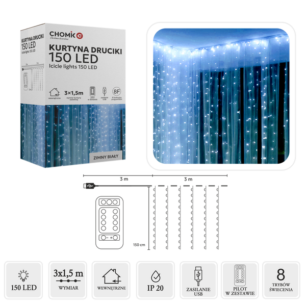 KURTYNA ŚWIETLNA DRUCIKI 150L ZIMNY BIAŁY, 3 x 1,5 M, USB, Z PILOTEM *8493