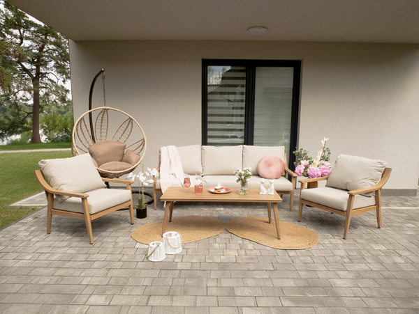 ZESTAW MEBLI ALUMINIOWYCH "NIKOZJA" (3 OS. SOFA + 2 FOTELE + STOLIK) BEŻOWY + BEŻOWE PODUSZKI *9552