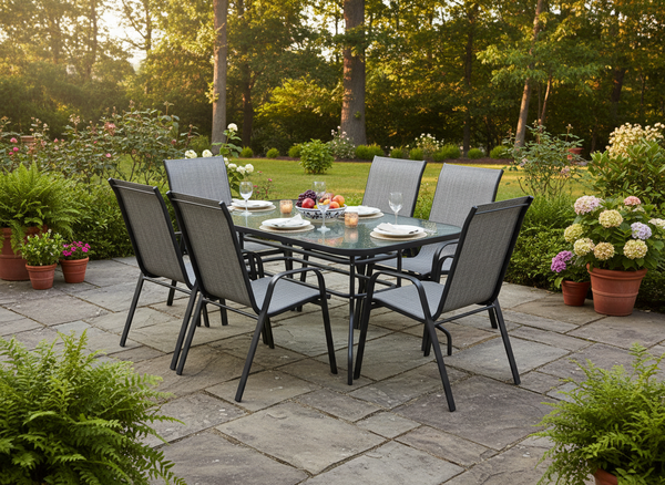 ZESTAW MEBLI OGRODOWYCH - STÓŁ 150 x 90 x 70 cm + 6 KRZESEŁ 54 x 72 x 96 cm