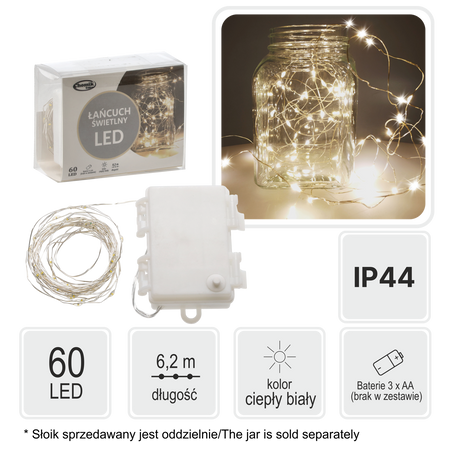DECORATIVE LIGHT WIRE WITH 60 LED LIGHTS BATTERY-POWERED