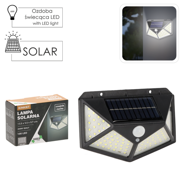 LAMPĂ SOLARĂ 13,5 x 5,5 x 9,7 CM APARAT DE PERETE CU SENZOR DE MIȘCARE 100 LED ALB RECE *6124