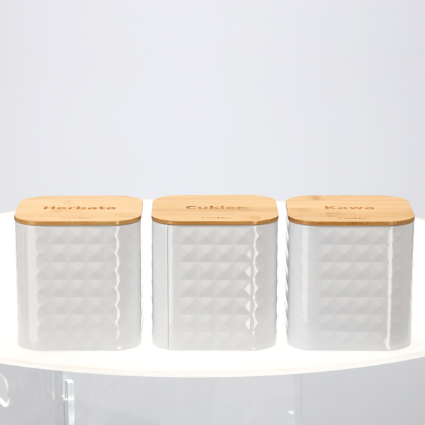 CHLEBAK SABIO - EMALIOWANY Z POKRYWĄ BAMBUSOWĄ 35 x 23 x 18,5 CM BIAŁY + 3 POJEMNIKI 11,5 X 11,5 X 12 CM *8848