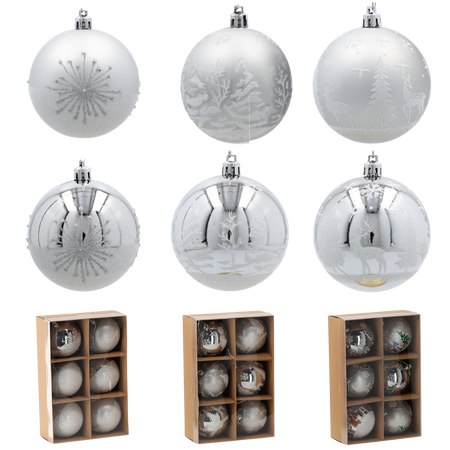 SET OF 6 CHRISTMAS BAUBLES SILVER 8 CM