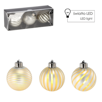 KPL. 3 BOMBEK SZKLANYCH - SREBRNE 8 CM LED *4389