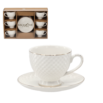SET OF 6 EMBOSSED CUPS WITH SAUCER 250 ML WITH GOLDEN DECORATIVE STRIPE