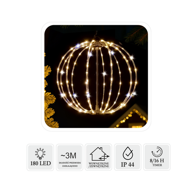 ŚWIĄTECZNA OZDOBA - KULA LED 50 CM 180L CIEPŁY BIAŁY + FLASH WEWN/ZEWN *1834