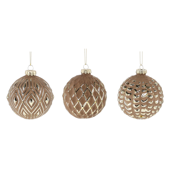 BOMBKA SZKLANA FI 8 CM BRĄZOWA ZDOBIONA MIX WZORÓW disp=12szt *2607