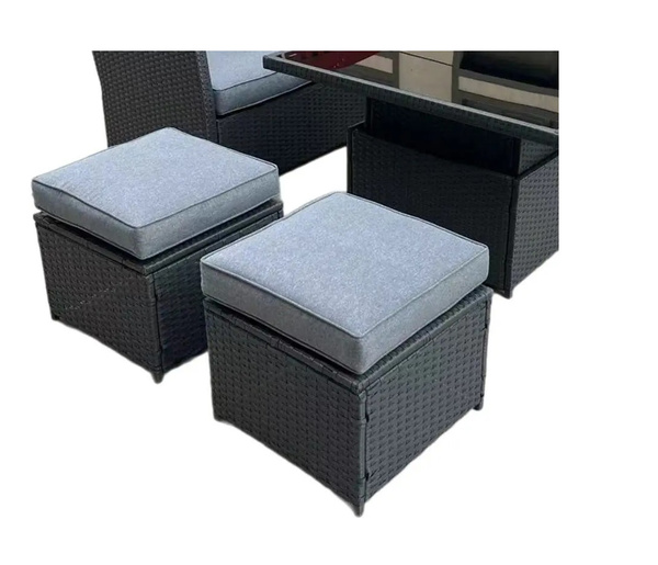 ZESTAW MEBLI RATTANOWYCH ( SOFA NAROŻNA + 2 PUFY + STOLIK Z REGULOWANĄ WYS. ) SZARY + SZARE PODUSZKI