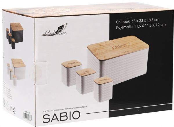 CHLEBAK SABIO - EMALIOWANY Z POKRYWĄ BAMBUSOWĄ 35 x 23 x 18,5 CM BIAŁY + 3 POJEMNIKI 11,5 X 11,5 X 12 CM *8848