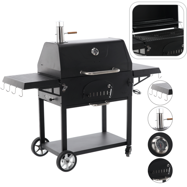 CHARCOAL GARDEN GRILL WITH LID, CAST IRON GRATE AND CASTORS 153 x 65 x 137 CM