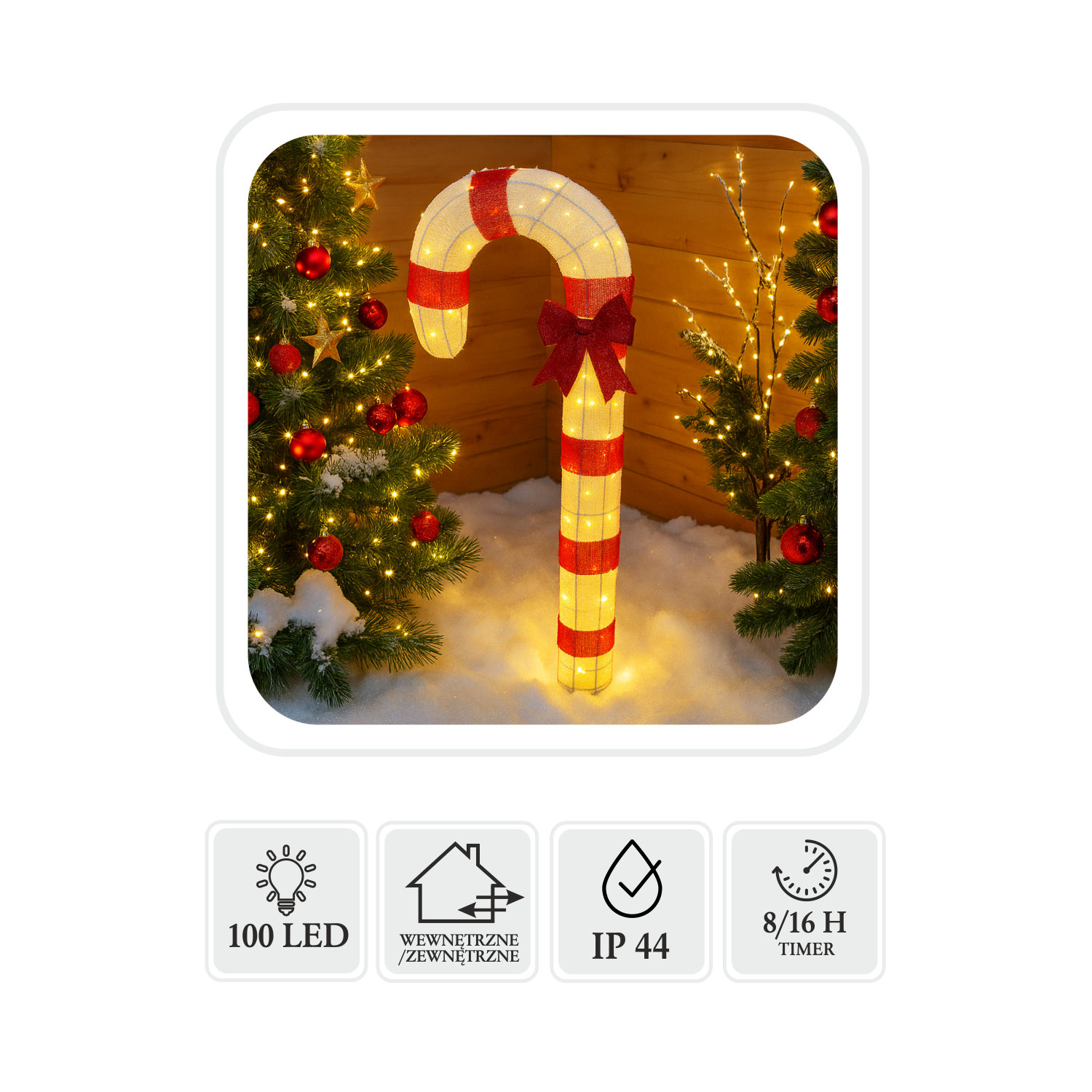ŚWIĄTECZNA OZDOBA - LASKA CUKROWA LED 1,2 M 100L CIEPŁY BIAŁY WEWN/ZEWN *8424