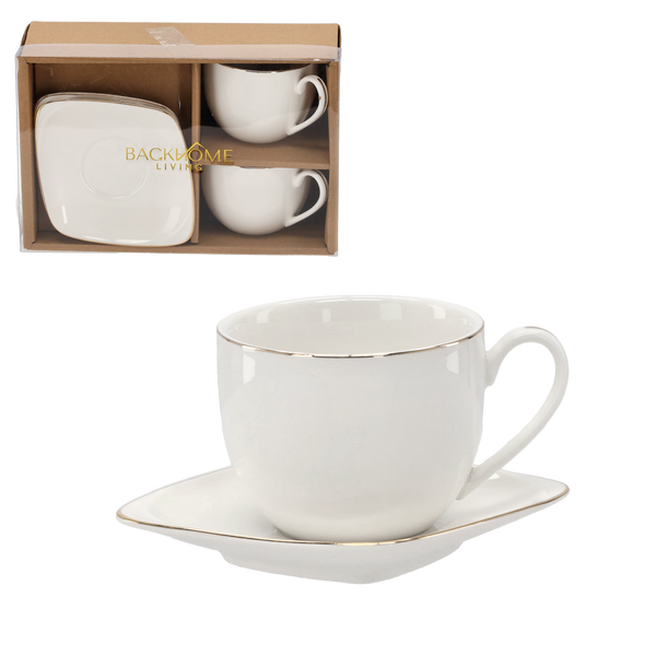 SET OF 2 CUPS WITH SAUCER 250 ML WITH GOLDEN DECORATIVE STRIPE