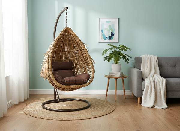 FOTEL WISZĄCY AZTEC - NATURALNY, BRĄZOWA PODUSZKA, BRĄZOWA RAMA