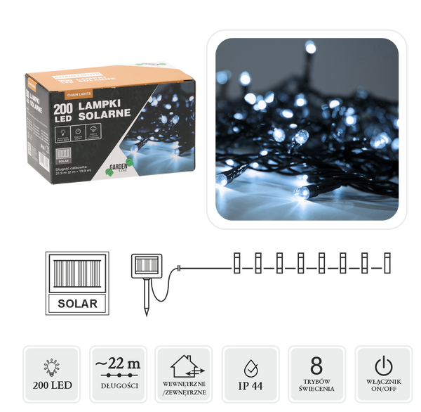 LÂMPERLE LED SOLARE 200L ALB RECE, LUNGIME 2 + 20 M *9942