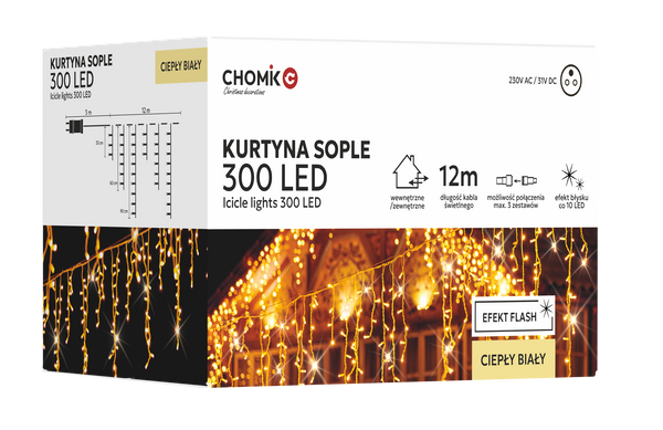 ZÁCLONA ICICLE 300L TEPLÁ BÍLÁ + STUDENÝ BLESK, DÉLKA 3 + 12 M *9843