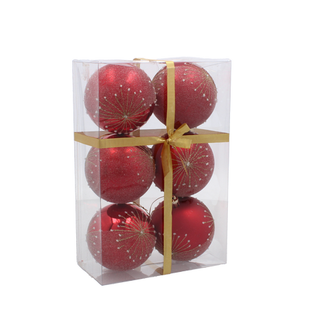 SET OF 6 CHRISTMAS BAUBLES RED 8 CM