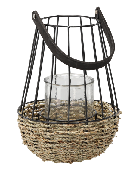 LAMPION METALOWY - CZARNO-BRĄZOWY 26/41 CM Z WKŁADEM SZKLANYM