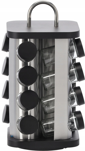 PRZYPRAWNIK KWADRATOWY 16,5 x 16,5 x 33,5 CM Z RĄCZKĄ 16 SŁOICZKÓW CZARNO-SREBRNY *9165