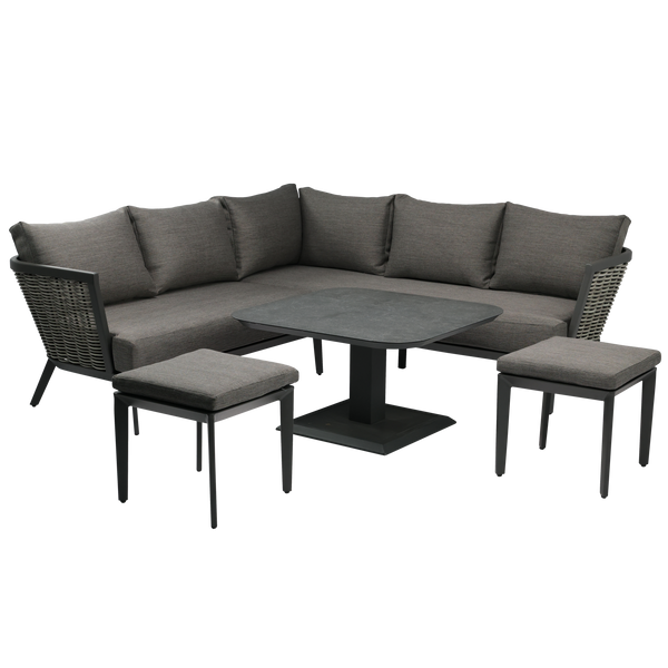 ZESTAW MEBLI ALUMINIOWYCH "TALLINN" (SOFA NAROŻNA + 2 PUFY + STOLIK Z REGULOWANĄ WYS.) SZARY + SZARE PODUSZKI