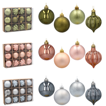 SET OF 12 BAUBLES 6 CM OLIVE/COPPER/GRAPHITE MIX DESIGNS