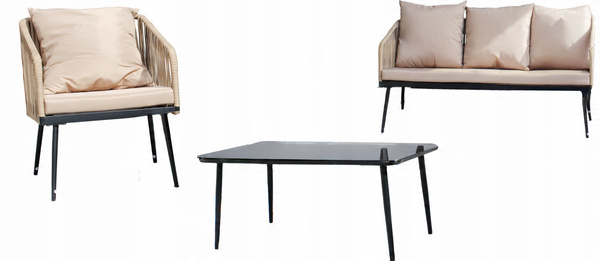 ZESTAW MEBLI OGRODOWYCH Z PLECIONEJ LINY (2 FOTELE + SOFA + STOLIK) - BEŻOWY, PODUSZKI - BEŻOWE *8517