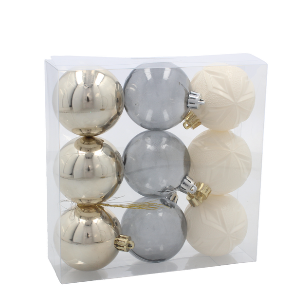 SET OF 9 BAUBLES 6 CM CHAMPAGNE/GRAY/WHITE