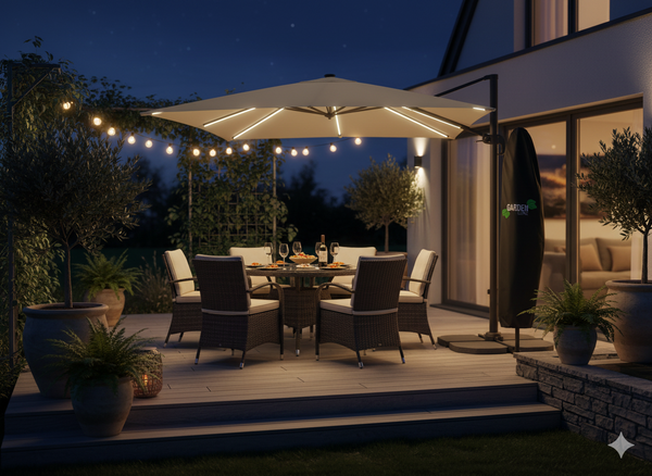 PARASOL OGRODOWY 3 x 3 M BEŻOWY "ROMA" Z POKROWCEM Z LED 