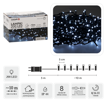 LAMPKI LED 200L ZIMNY BIAŁY DŁ. 3 + 10 M WEWN/ZEWN *9454