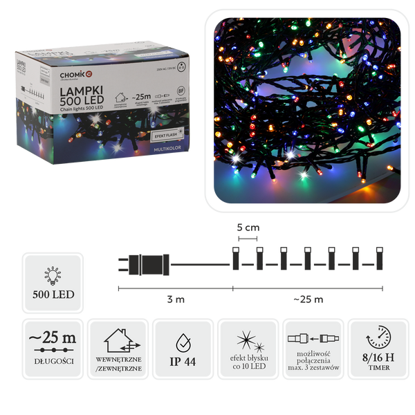 LED SVĚTLA 500L MULTIKOLOR + ZIMNÍ FLASH, DÉLKA 3 + 25 M VNITŘNÍ/ODRAZOVÉ *9614