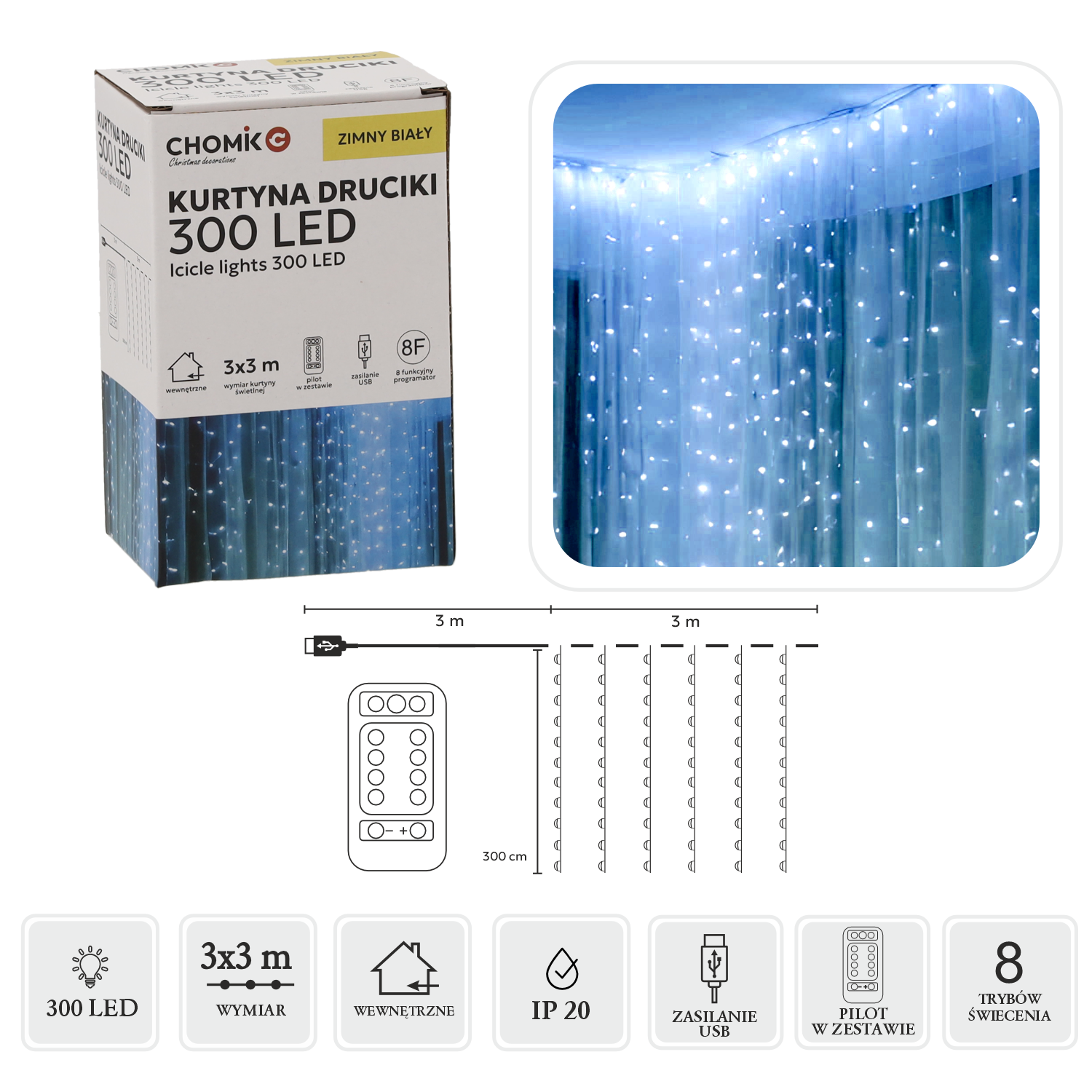 KURTYNA ŚWIETLNA DRUCIKI 300L ZIMNY BIAŁY, 3 x 3 M, USB, Z PILOTEM *0009