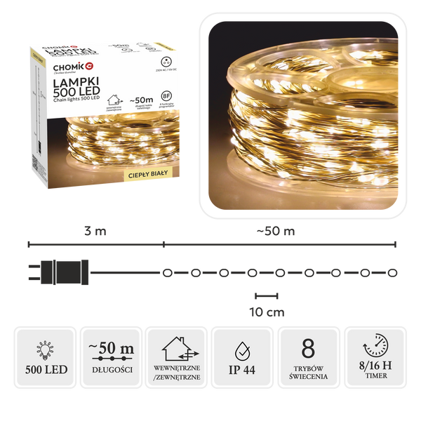 LAMPKI LED DRUCIKI NA SZPULI 500L CIEPŁY BIAŁY, DŁ. 3 + 50 M *8523