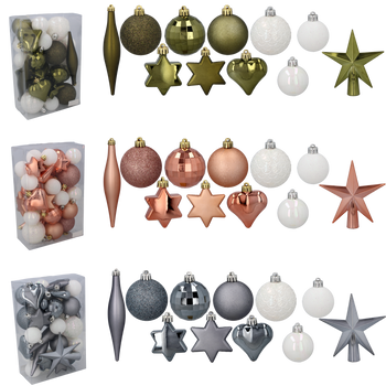 SET OF 35 BAUBLES OLIVE/COPPER/GRAPHITE MIX DESIGNS