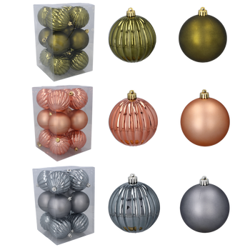 SET OF 12 BAUBLES 8 CM OLIVE/COPPER/GRAPHITE MIX DESIGNS
