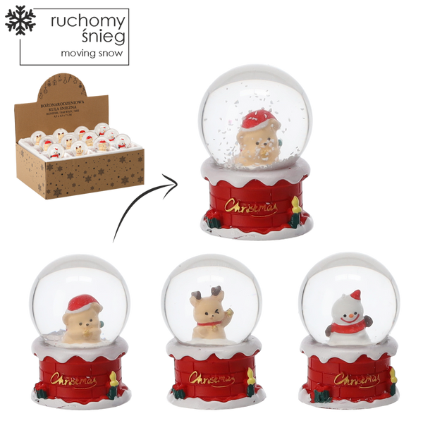 CHRISTMAS SNOW GLOBE - REINDEER / SNOWMAN / BEAR 4.5 x 7 CM disp=12pcs *5676