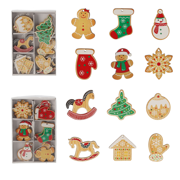 SET OF 18 WOODEN CHRISTMAS ELEMENTS - GINGERBREAD - MIX OF DESIGNS
