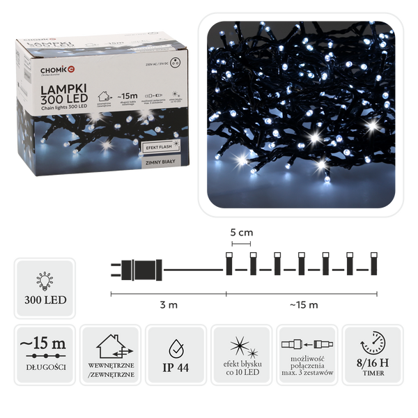 LAMPKI LED 300L ZIMNY BIAŁY + ZIMNY FLASH, DŁ. 3 + 15 M WEWN/ZEWN *9546