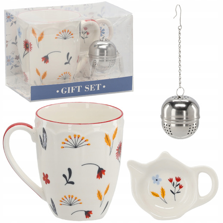 Sada. Porcelánový hrnek 350 ml + porcelánová podložka + květinový čajový sítko *6101